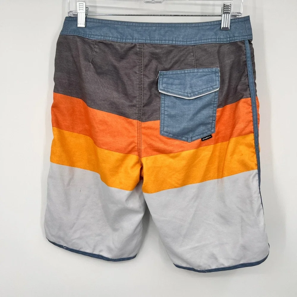ONeill Mens Board Shorts Sz 29 Sunset Stripe Colorblock Swim Trunks Orange Gray